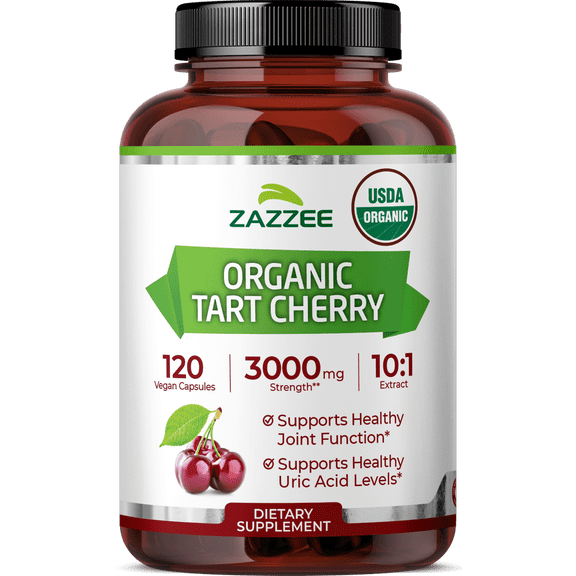 Zazzee USDA Organic Tart Cherry Extract 3000 mg, 10:1 Concentrated Extract, 120 Vegan Capsules Natural Joint, Sleep & Recovery Support Non-GMO, Made in USA