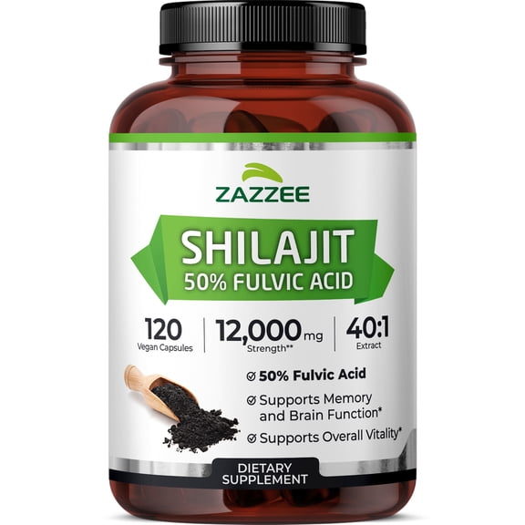 Zazzee 100% Pure Himalayan Shilajit 40:1 Extract 12,000 mg Strength – 120 Vegan Capsules – Standardized to 50% Fulvic Acid – Rich in Trace Minerals for Energy & Brain Function Support
