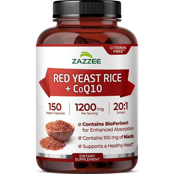 Zazzee Extra-Strength Red Yeast Rice 20:1 Extract 1200 mg 75 Servings With CoQ10, Niacin & BioPerine for Enhanced Absorption Heart & Cholesterol Support Vegan Non-GMO Made in USA