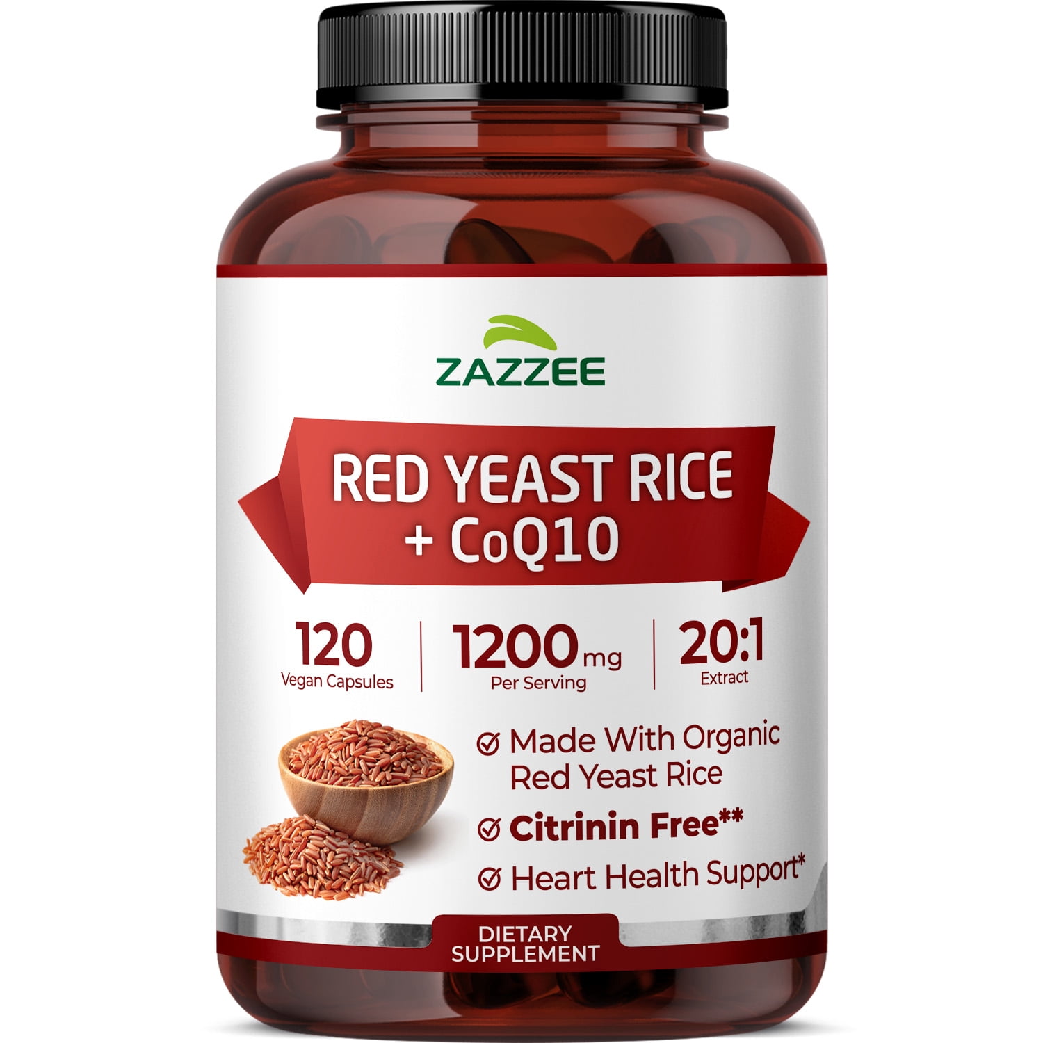 Zazzee Organic Red Yeast Rice 1200 mg – Supports Heart Health & Cholesterol – 20:1 Extract