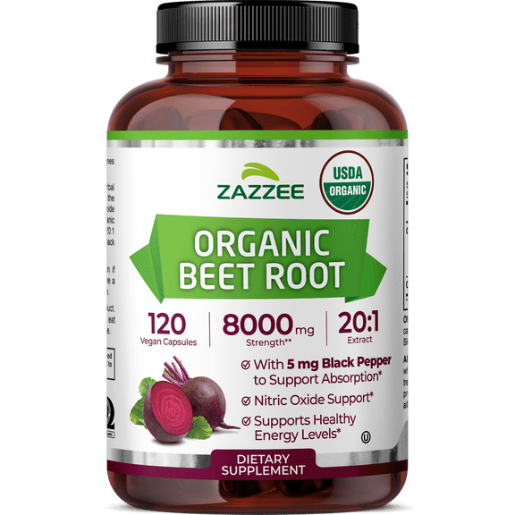 Zazzee USDA Organic Beet Root 8000 mg – 120 Vegan Capsules – 20:1 Extract – Supports Nitric Oxide Production & Energy Levels – Vegan • Non-GMO • Made in USA