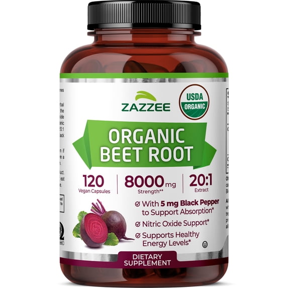 Zazzee USDA Organic Beet Root 8000 mg Strength – Supports Nitric Oxide & Energy – 20:1 Extract