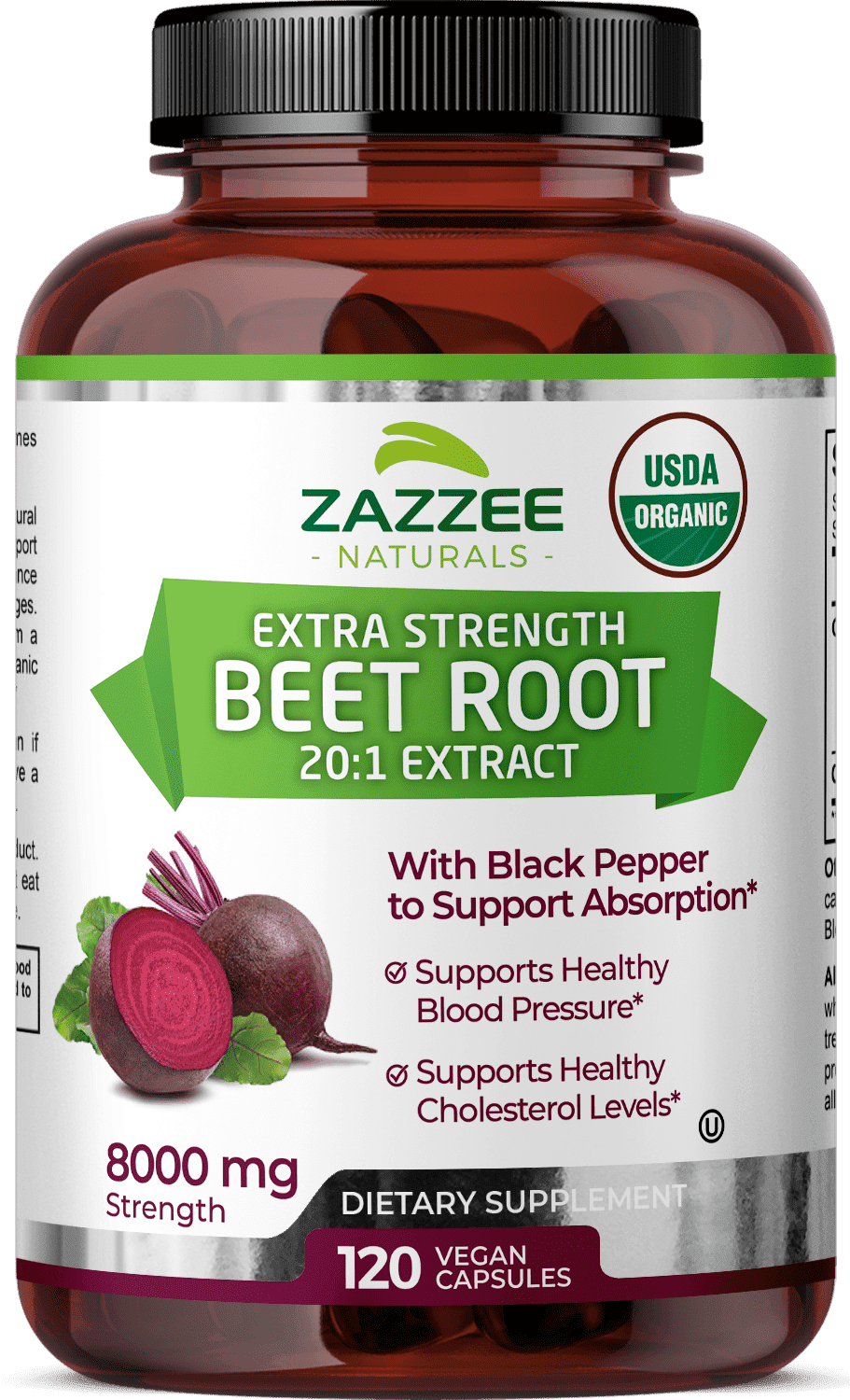 Zazzee Naturals USDA Organic Beet Root, 8000 mg Strength, 20:1 Extract, 120 Vegan Capsules, Organic Black Pepper Extract for Absorption, Supports Blood Pressure & Nitric Oxide Production