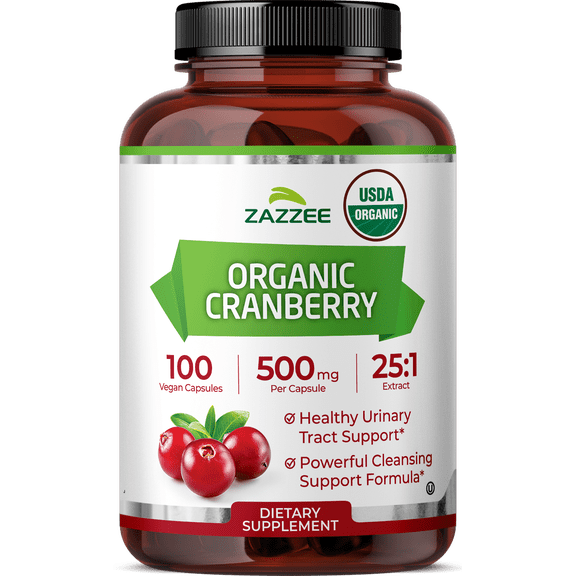 Zazzee Organic Cranberry 500 mg per Capsule – 100 Vegan Capsules – 25:1 Extract – Supports UTI Wellness & Urinary Tract Health – Vegan • Non-GMO • Made in USA