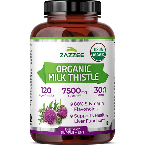 Zazzee USDA Organic Milk Thistle 30:1 Extract 7,500 mg Strength  120 Vegan Capsules  Standardized to 80% Silymarin Flavonoids  Liver Health & Detox Support  Vegan  Non-GMO  Made in USA