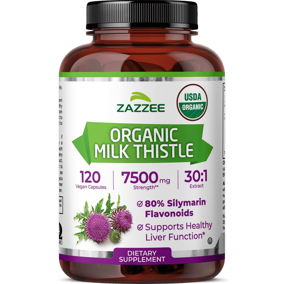 Zazzee USDA Organic Milk Thistle 30:1 Extract 7,500 mg Strength 120 Vegan Capsules Standardized to 80% Silymarin Flavonoids Liver Health & Detox Support Vegan Non-GMO Kosher Made in USA