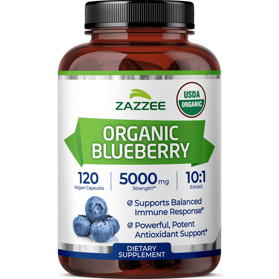Zazzee USDA Organic Blueberry 10:1 Extract 5000 mg 120 Vegan Capsules 4-Month Supply Whole-Fruit Antioxidant Support Vegan Non-GMO Made in USA