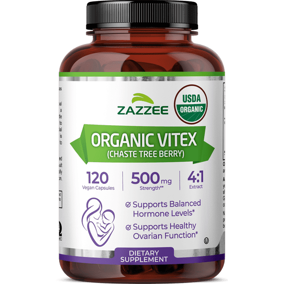 Zazzee USDA Organic Vitex 500 mg Strength 120 Vegan Capsules Concentrated 4 Extract Supports Hormonal Balance & Cycle Wellness Vegan Non-GMO Made in USA
