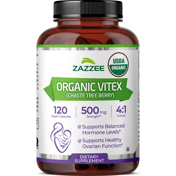 Zazzee USDA Organic Vitex 500 mg Strength  120 Vegan Capsules  Concentrated 4X Extract  Supports Hormonal Balance & Cycle Support  Non-GMO  Kosher  Made in USA