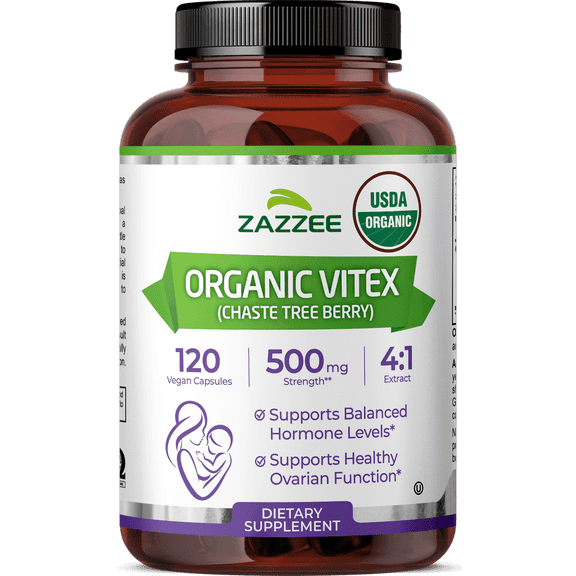 Zazzee USDA Organic Vitex 500 mg Strength 120 Vegan Capsules Concentrated 4X Extract Supports Hormonal Balance & Cycle Support Non-GMO Kosher Made in USA