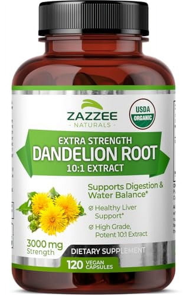Zazzee USDA Organic Dandelion Root 10:1 Extract, 3000 mg Strength, 120 Capsules, 4 Month Supply, Standardized and Concentrated 10X Extract, 100% Zazzee USDA Organic Dandelion Root 10:1 Extract, 3000 mg Strength, 120 Capsules, 4 Month Supply, Standardized and Concentrated 10X Extract, 100%