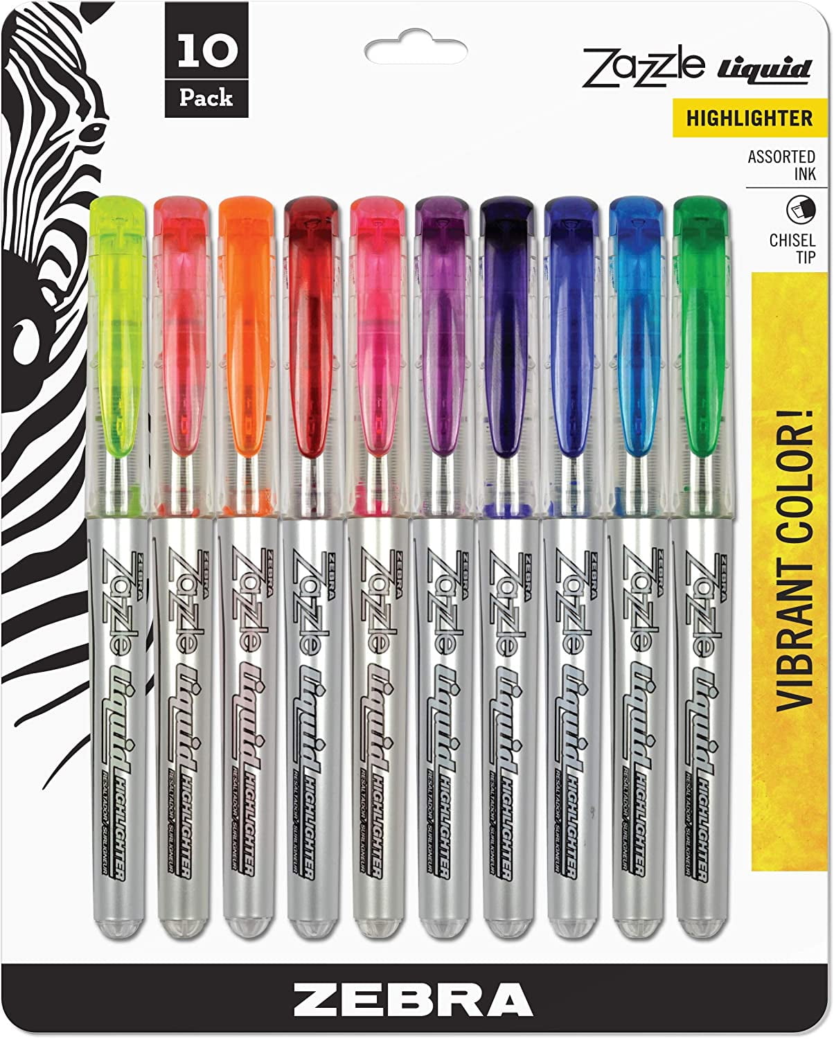 Zazzle Liquid Ink Highlighter, Chisel Tip, Asst Colors, 10/Set