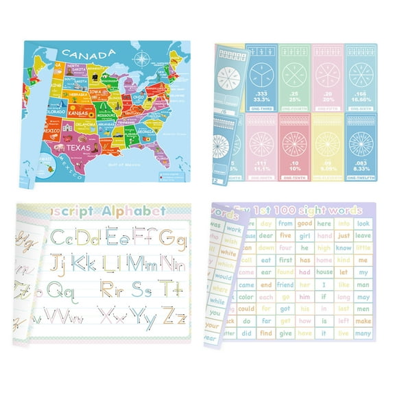 ZazzyKid Learning Posters for Kids - Set of 4, 2 Sides Printing of Handwriting Practice, Sight Words, Fractions, US Map - Thick Laminated Classroom Educational Chart 17 x 12 inches