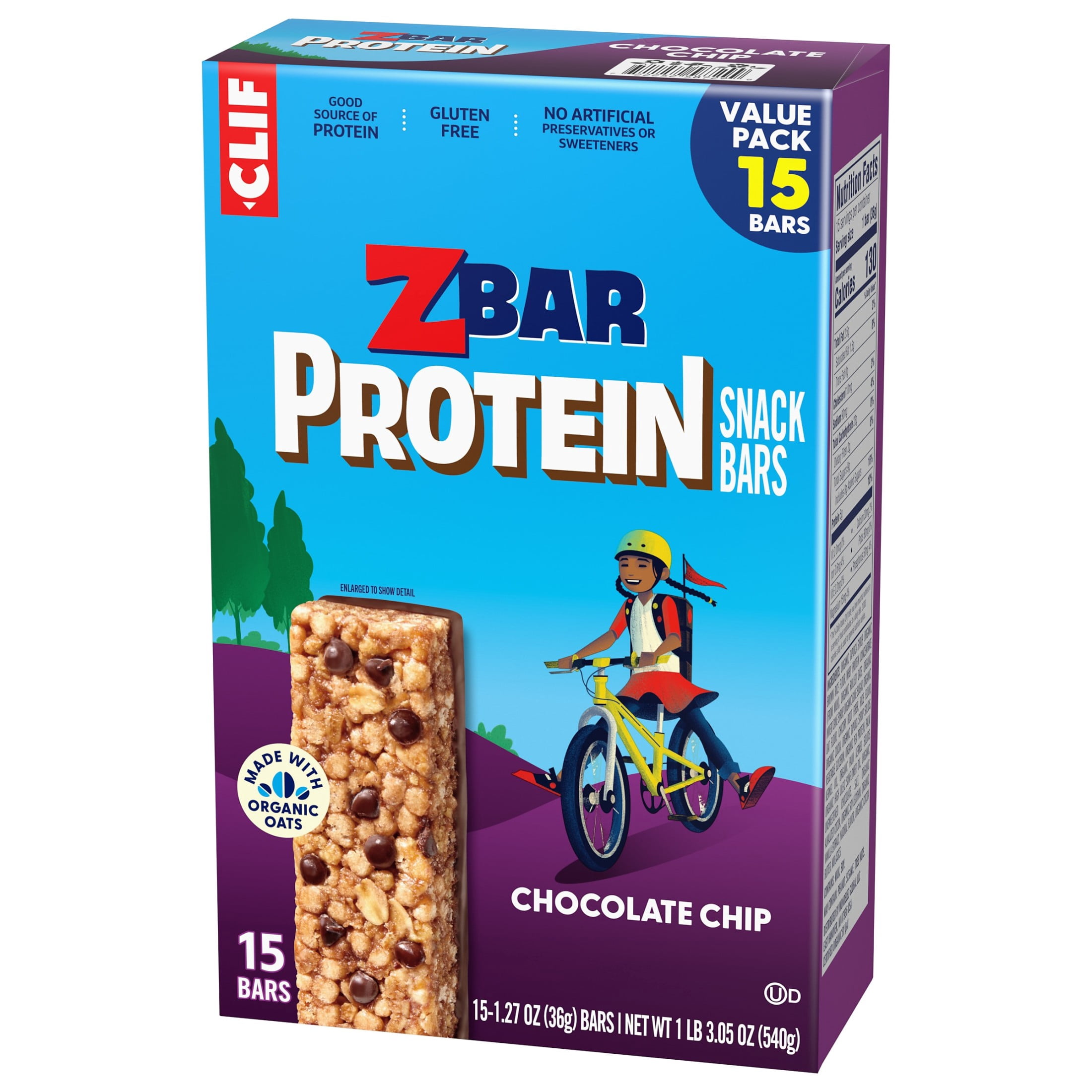 Zbar Protein Chocolate Chip Flavor Snack Bars, Gluten Free Protein Bars, Snacks for Kids, 15 count