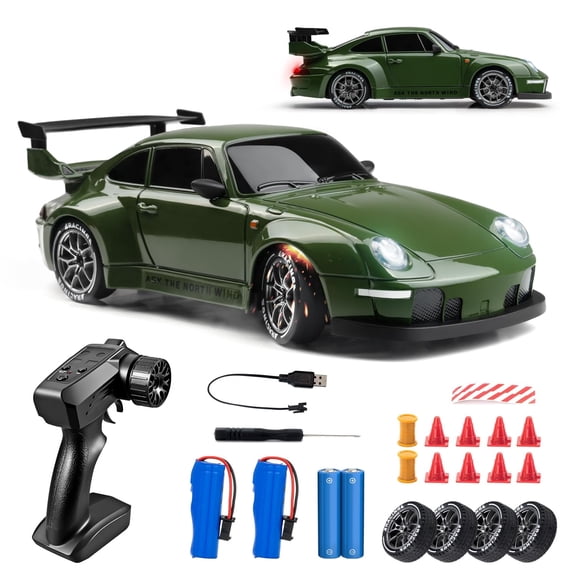 Zcaeeth 1:24 Scale 4WD RC Drift Car, 20 KM/H Remote Control Car with LED Lights, 2.4GHz, 2 Batteries, Drift & Racing Tires, Green