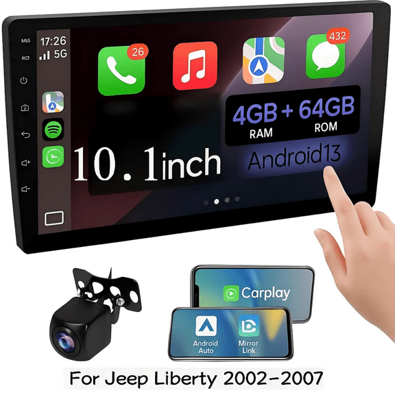 Zcargel 10.1" Android 13 Car Stereo Radio GPS Navigation, Wireless CarPlay Android Auto, Touchscreen Multimedia Player, Bluetooth WiFi DVR SWC, 4+64GB, for Jeep Liberty 2002-2007, Wiring Harness
