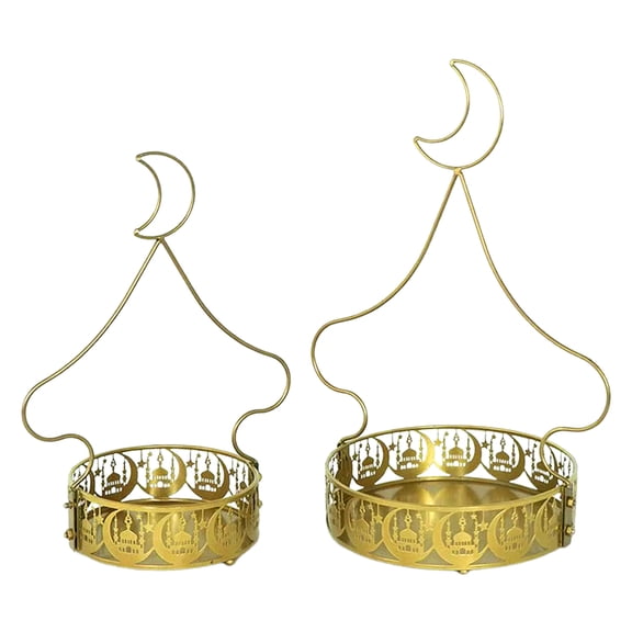 Zcargel 2PCS Eid Serving Tray Metal Crescent Moon With Handle Round Gold Fruit Snack Platter Living Room Party Supplies