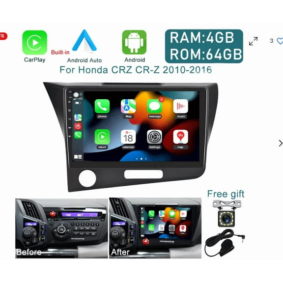 Zcargel 4+64GB Car Stereo for Honda CRZ CR-Z 2010-2016, Built-in Wireless & Wired CarPlay Android Auto, 9in Touchscreen GPS Navigation, Bluetooth WiFi FM/RDS, DSP, SWC, Dual USB + AHD Backup Camera