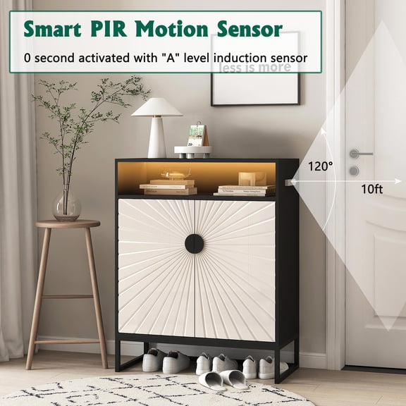 Zcargel 5-Layer Wooden Shoe Cabinet with Motion-Sensing LED Lights Open Shelf Storage Organizer with Doors for Entryway/Porch/Living Room Black-White