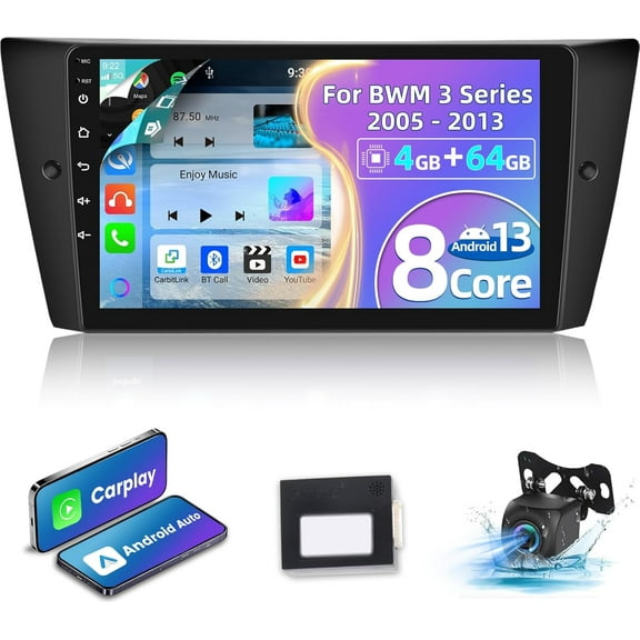 Zcargel 9in Android 13 Car Stereo Radio GPS Navigation 4+64GB for BMW 3 Series E90/E91 2005-2011 Compatible for Carplay Android Auto WiFi Bluetooth FM/RDS SWC AHD Camera Microphone