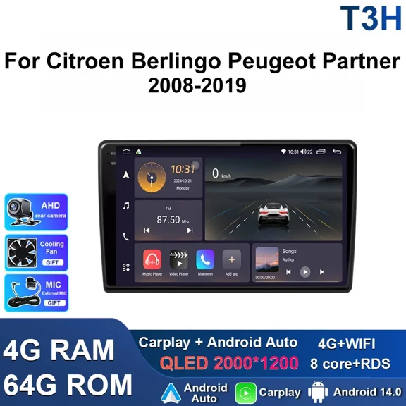 Zcargel Car Stereo GPS Navigation 10.1" Android 13 Double Din 4+64GB Head Unit, CarPlay Android Auto WiFi Player, Touch Screen Car Stereo Radios for Cars, Car Radio, for Peugeot Partner 2008-2019