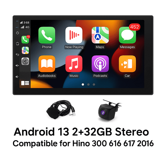 Zcargel Commercial Truck Head Unit with 7 Inch Touchscreen, Android 13 2+32GB Stereo, GPS Navigation, CarPlay Android Auto, WiFi Bluetooth, Backup AHD Camera + Mic, for Hino 300 616 617 2006-2014