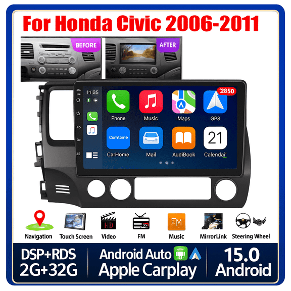 Zcargel 10in Android 13 Car Radio Stereo, for Honda Civic 2006-2011 2GB+32GB, CarPlay & Android Auto, GPS Navigation, Bluetooth, WiFi, SWC, Mirror Link, Split Screen + Rear View Camera