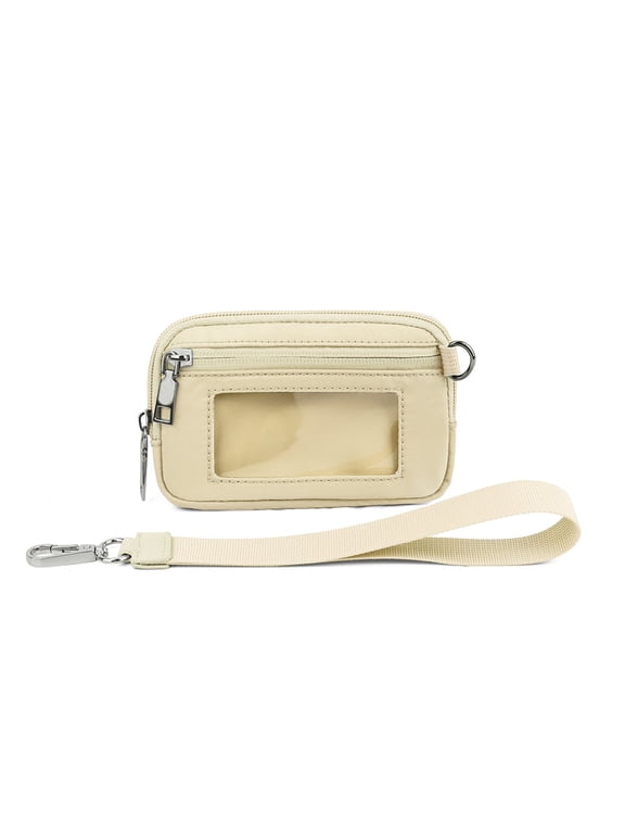 Nylon Mini Wristlet Wallet with ID Window & Keychain,RFID Blocking Small Zipper Pouch for Women & Men,Lightweight Travel Card Case & Badge Holder Beige