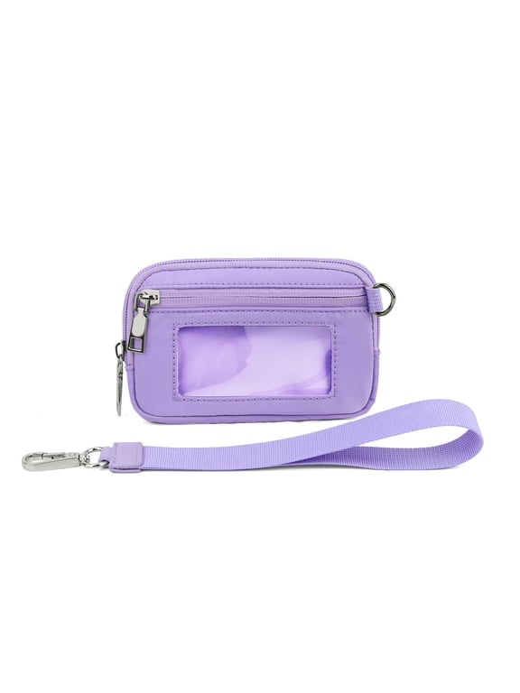 Nylon Mini Wristlet Wallet with ID Window & Keychain,RFID Blocking Small Zipper Pouch for Women & Men,Lightweight Travel Card Case & Badge Holder Lavender Purple