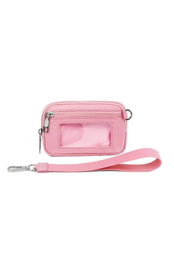 Nylon Mini Wristlet Wallet with ID Window & Keychain,RFID Blocking Small Zipper Pouch for Women & Men,Lightweight Travel Card Case & Badge Holder Pink