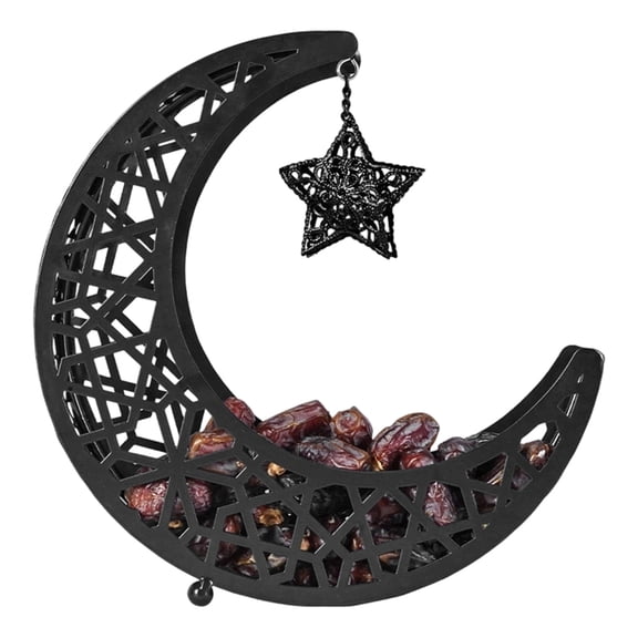 Zcargel Ramadan Serving Trays Metal Eid Moon Serving Tray Crescent Shape Star Charm Iron Construction Black 8.7x7.5x2.4"