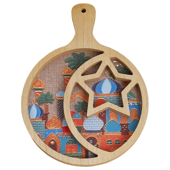 Zcargel Wooden Eid Serving Plate With Handle Lunar Star Design 32x23.7x1.8cm Ramadan Party Treat Tray