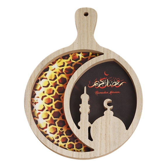 Zcargel Wooden Eid Serving Plate With Handle Lunar Star Design 32x23.7x1.8cm Ramadan Party Treat Tray
