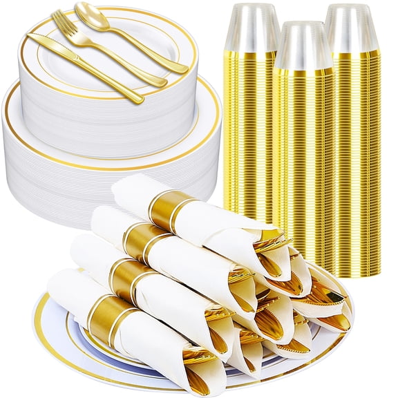 Zcaukya 350 PCS Gold Plastic Dinnerware for 50 Elegant Disposable Utensils Set with 100 Plates, 50 Pre-Wrapped Napkins, 50 Cups, 50 Spoons, 50 Forks and 50 Knives for Birthday Parties Weddings Y101