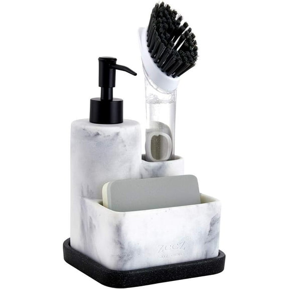 Zccz Liquid Soap Dispenser with Sponge Holder Brush, White Marble, 1 Pack
