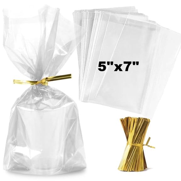 Zcintert Clear Cellophane Bags with Gold Ties - 200 Pack (5" x 7", 2 mil) for Candy, Cookies, Party Favor Packaging