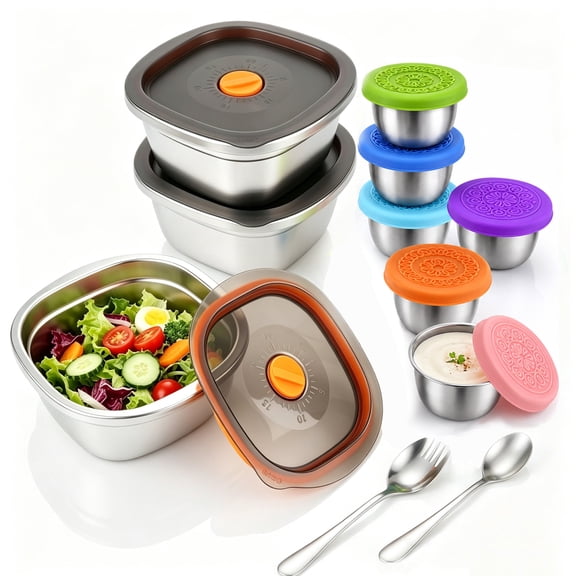 3‑Pack 1500ML Stainless Steel Lunch Box Salad Bowl Set, Airtight Date Dial Lids, 6 Sauce Cups 2 Spoons for Meal Prep Camping Picnic
