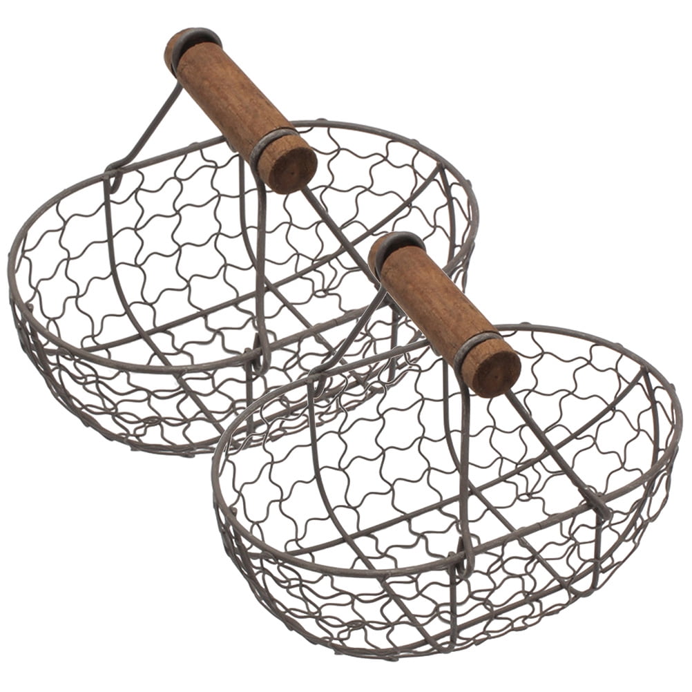 Zcyifa 2 Metal Wire Egg/Fruit Baskets w/ Handle - Portable Picnic/Bread Storage (Black)