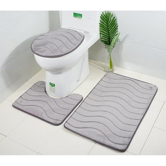 Zcyifa bathroom mat set Three Pieces Bathroom Mat Set Flannel Embossed Waves Nonslip Bath Bathtub U-shape Rug Carpet Toilet Seat Lid Cover (Grey)