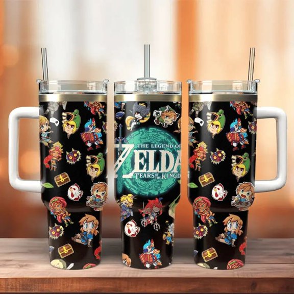 Zda Tears of the Kingdom 40oz Tumbler, Chibi Character Pattern Travel Mug with Handle & Straw, Gamer Gift