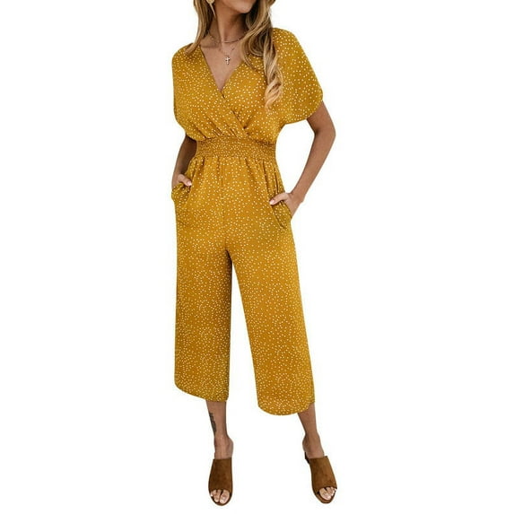 Zdcdcd Women's Casual Elastic Waist Short Sleeve V Neck Floral Jumpsuit