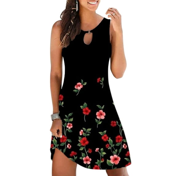 Zdcdcd Women's Casual Floral Print Round Neck Sleeveless Summer Hollow A-line Mini Dress