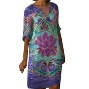 Zdcdcd Women's Hollow Out V Neck 3/4 Sleeve Bohemian Multi-color Printed Midi Dress