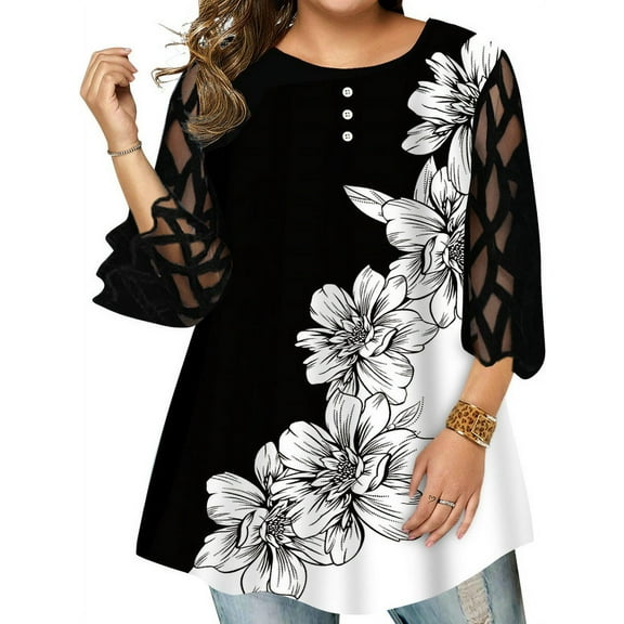 Zdcdcd Women's See Through Lace 3/4 Sleeve Floral Plus Size Shirts Blouses Tops
