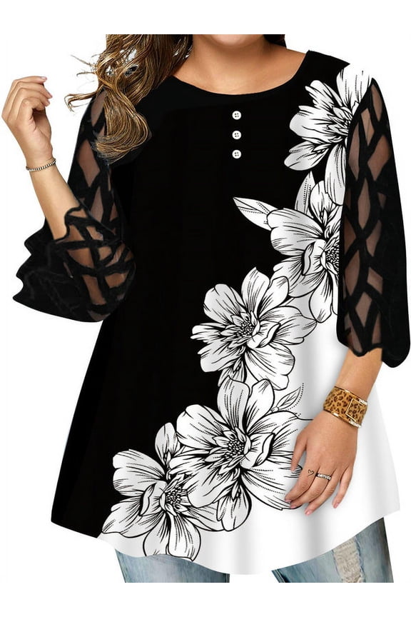 Women's See Through Lace 3/4 Sleeve Floral Plus Size Shirts Blouses Tops