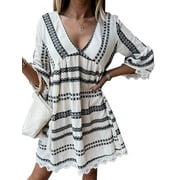 Zdcdcd Women's Sexy V Neck Lace 3/4 Sleeves Casual Ethnic Print Bohemian Dress