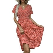 Zdcdcd Women's Short Sleeve V Neck Sundress Floral A-line Swing Maxi Dress