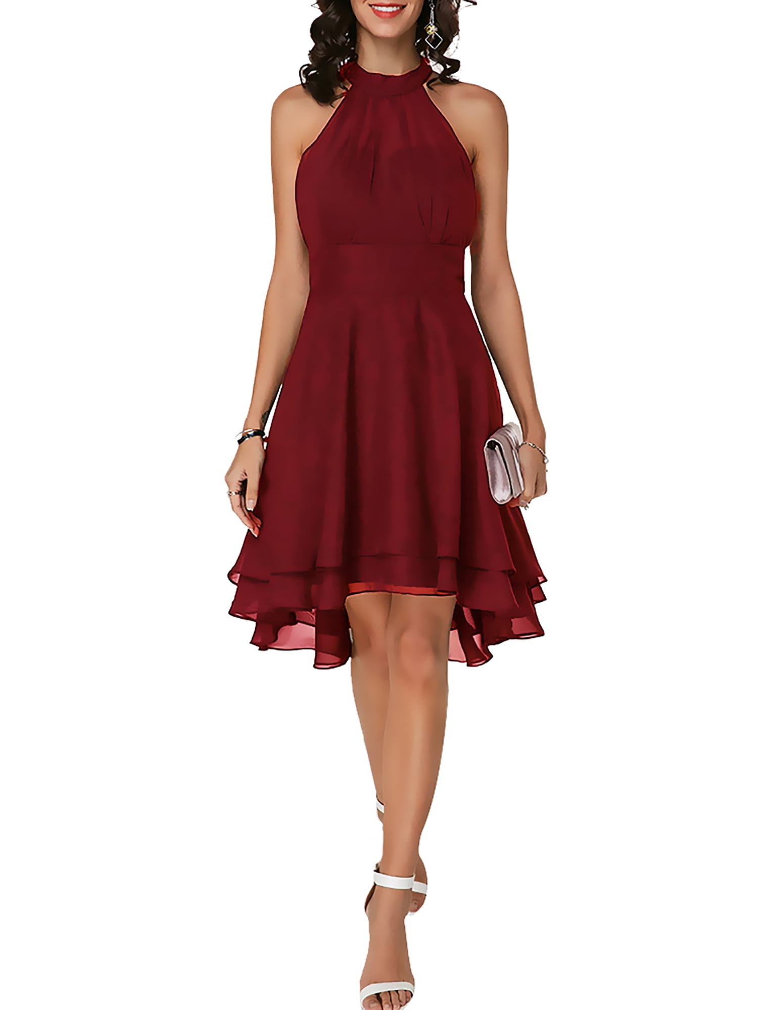 Zdcdcd Women's Solid Color Chiffon Sleeveless Knee Length Dress