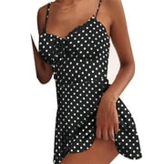 Zdcdcd Women's V Neck Sleeveless Polka Dot Print Backless Sexy Slip Dress Beach Holiday