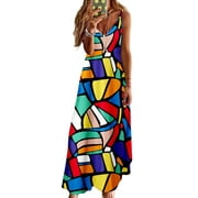 Zdcdcd Womens Casual Print Strappy V Neck Kaftan Maxi Dress Swing Sling Sundress